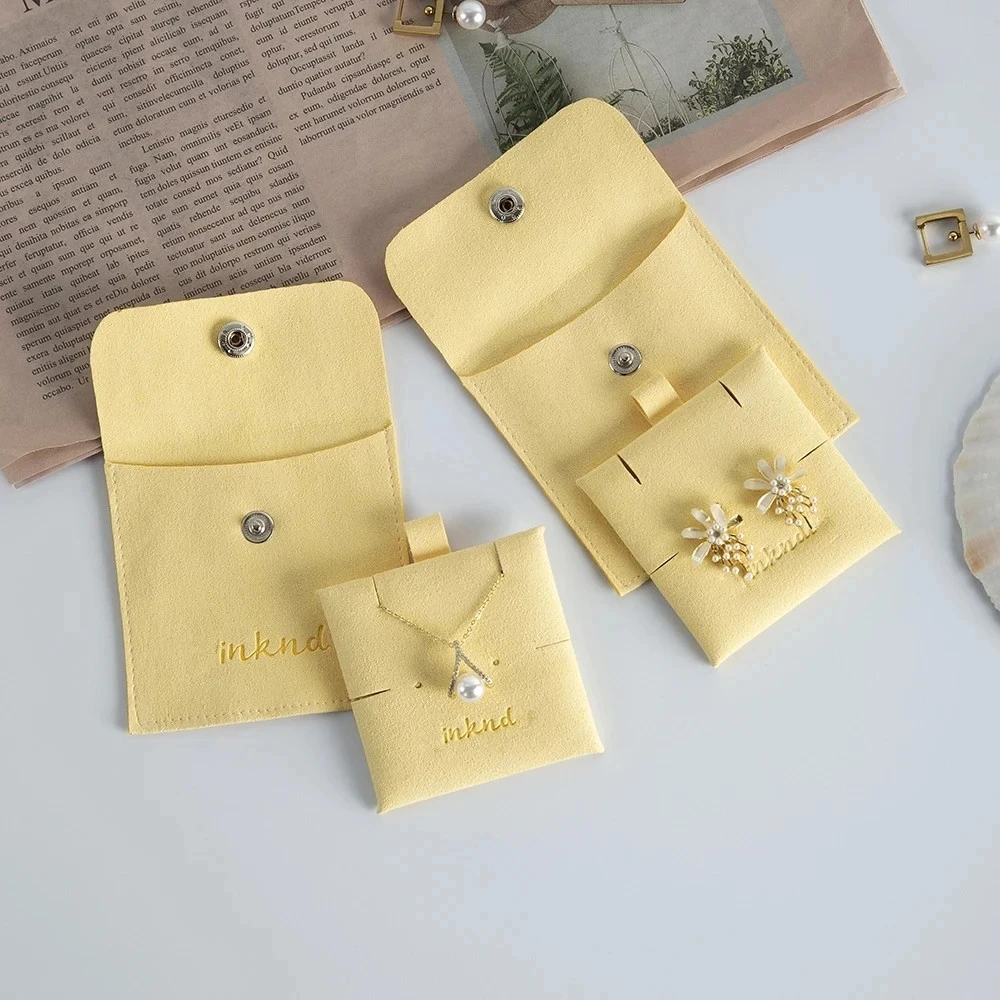 

Custom Yellow Jewellery Pouch Button Snap Microfiber Jewelry Packaging Gift Bags Earring Necklace Organizer With Insert Pad Card