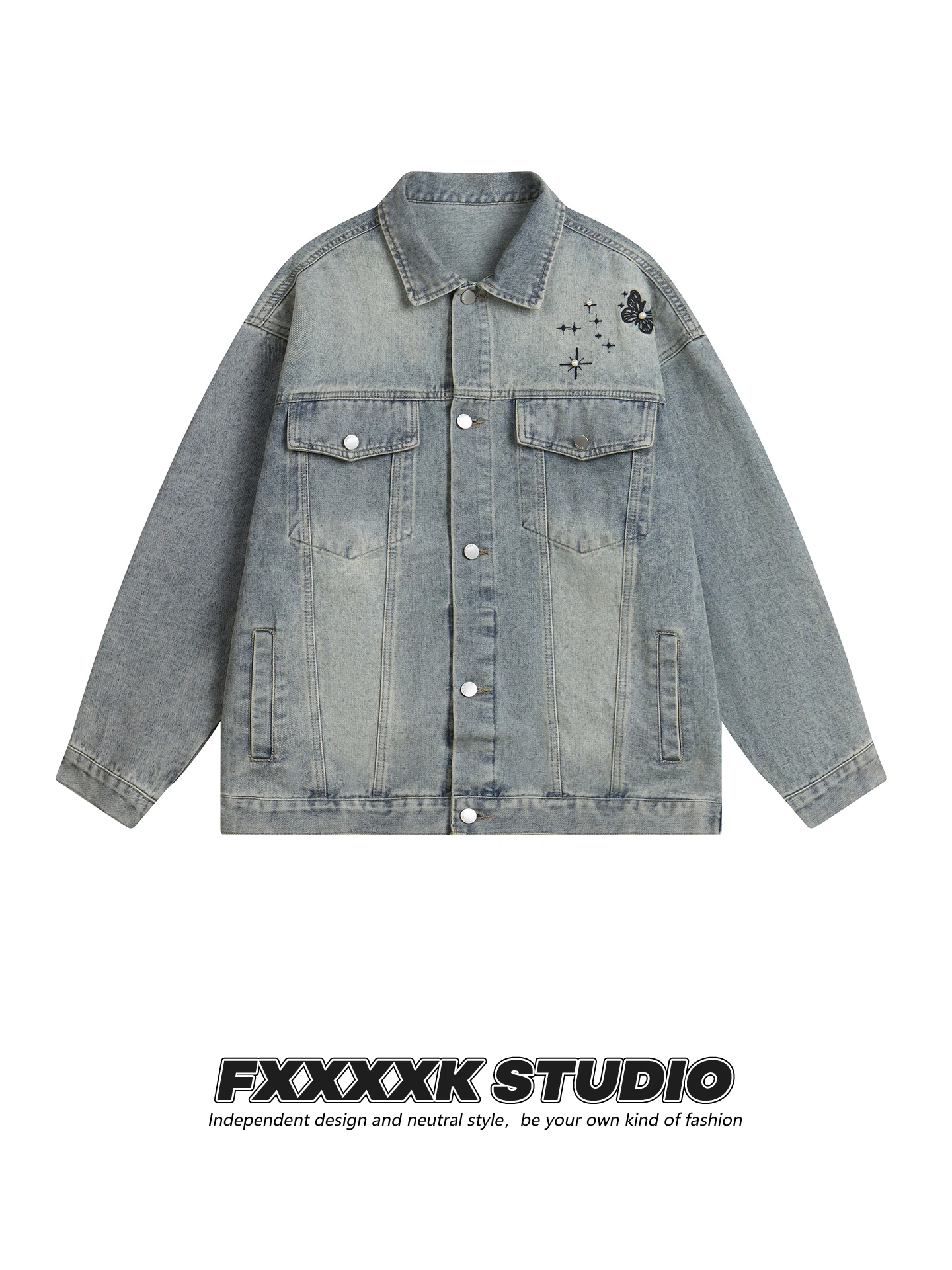 

Свободная джинсовая куртка с вышивкой в стиле стритвир: модная повседневная верхняя одежда для молодежи на осень-зиму