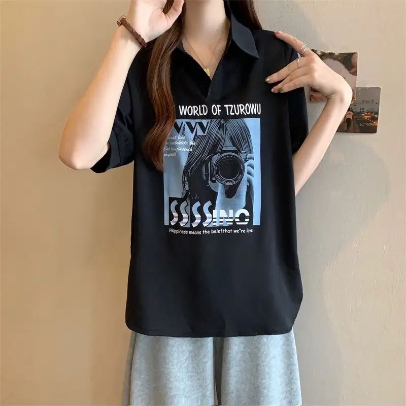 Fashion Lapel Printed Slit Asymmetrical T-Shirt Female Clothing 2024 Summer New Loose Casual Tops Korean Irregular Tee Shirt