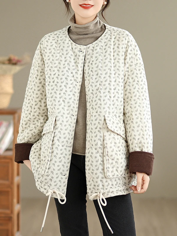Verdickte Baumwolle gepolsterte Jaet runde Ne Print Cord Oberbekleidung Warm Fce Damen Mantel Winter Pendeln Sle Loose Fit