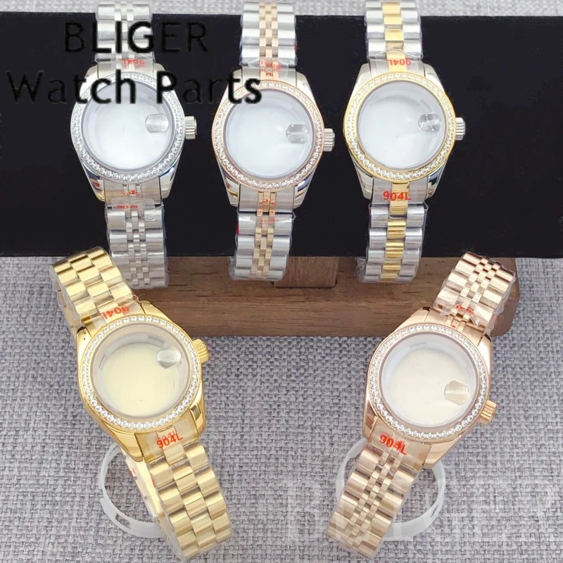 

BLIGER 28 мм женский NH05 316L стальной корпус для часов набор ремешков с бриллиантовым безелем водонепроницаемое сапфировое стекло подходит NH05 NH06 автоматический механизм