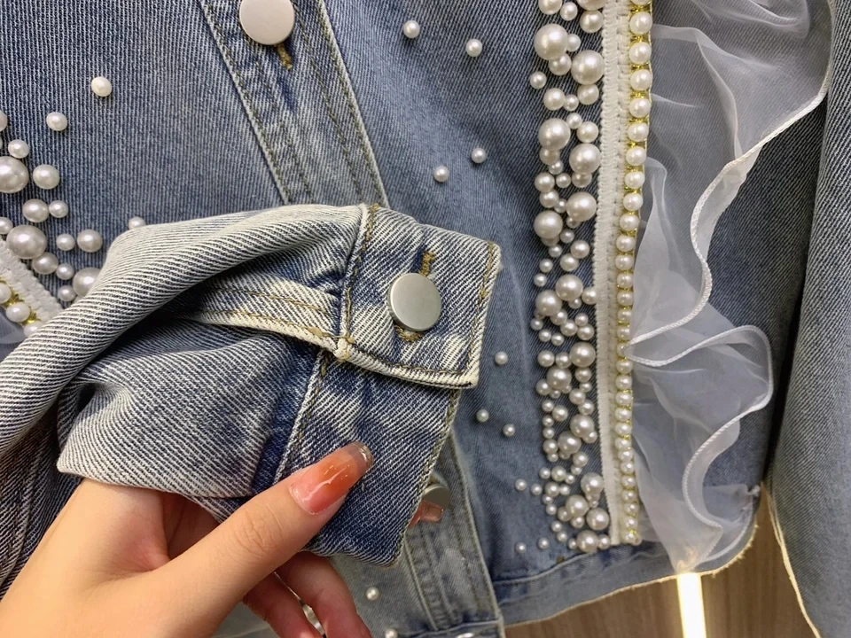 2024 new women fashion high quality long sleeve lapel pearl denim jacket