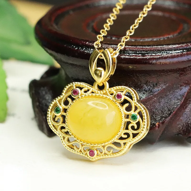 Natural Amber Beeswax Pendant Yellow Honey Ruyi Necklace Women's Jewelry