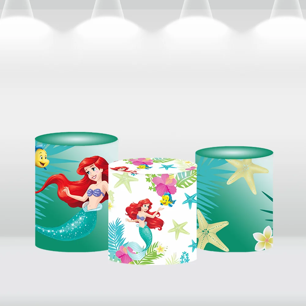 Under the Sea Mermaid Round Backdrop Cover for Girls Birthday Circle Background Photo Princess Ariel Candy Table Cylinder Covers