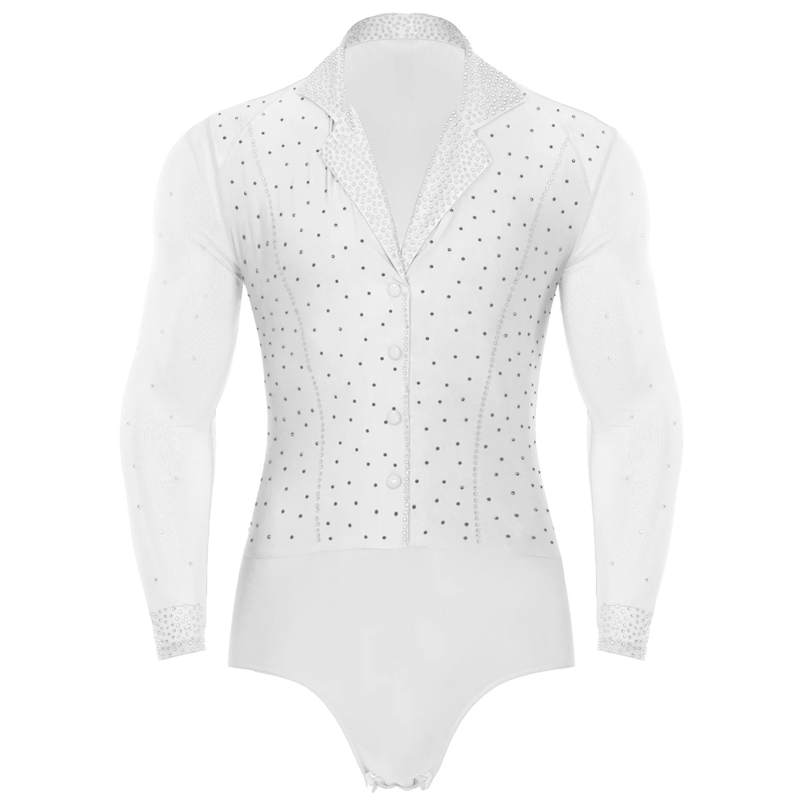 Gentry Mens Sequins Bodysuits for Latin Ballroom Modern Dance Leotard Sheer Mesh Long Sleeve Jumpsuit for Dance Performance Suit