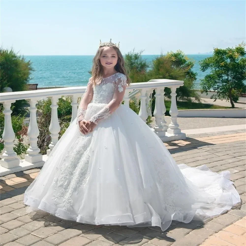 

Flower Girls Dresses For Weddings Lace Long Sleeves Floor Length Custom First Communion Dresses Birthday Ball Gowns White