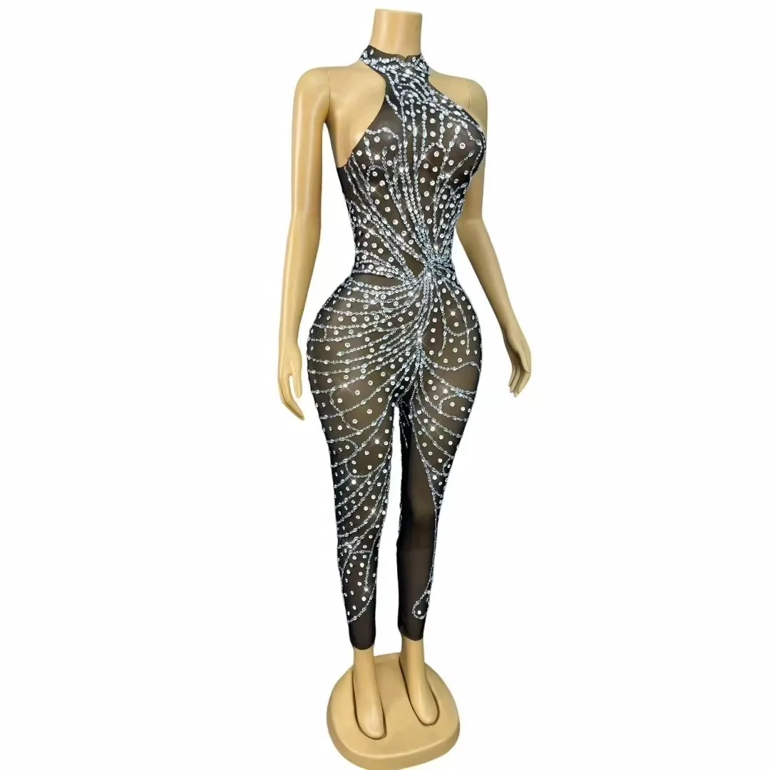 Women's Rhinestones Sleeveless Black Mesh Jumpsuit Transparent Design Birthday Parties Stage Performances Singers And Dancers