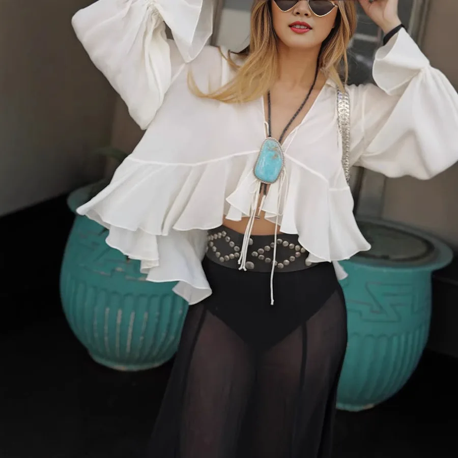 

White Vacation Beach Sunscreen Cover Up Crop Top Women Summer Lightweight Lace Up Shawl Cover Shirt Blusas Sexys Para Mujeres