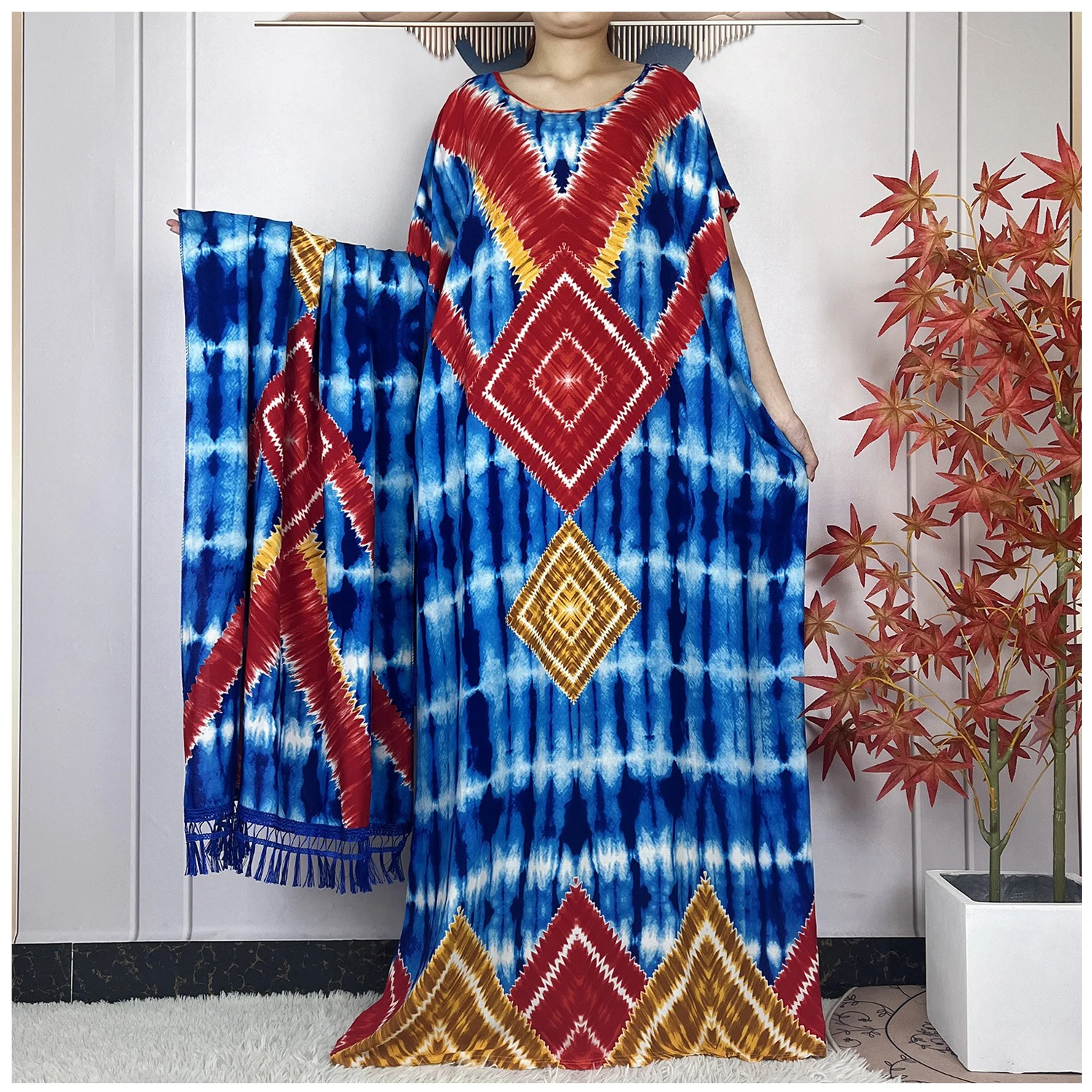 New Summer African Abaya Short Sleeve Woman Dashiki Tie-dyed Pure Cotton Floral Printing Loose Dress With Big Scarf 160cm*80cm