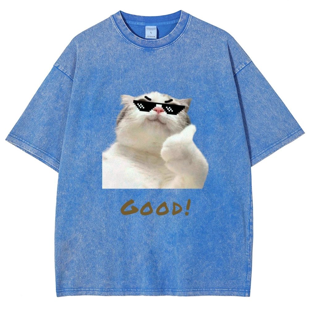 Sunglasses Kitten Fun T-Shirt Washed Cotton Casual Wear Summer Unisex Loose Crew Neck Short Sleeve New Fashion Party Clothing