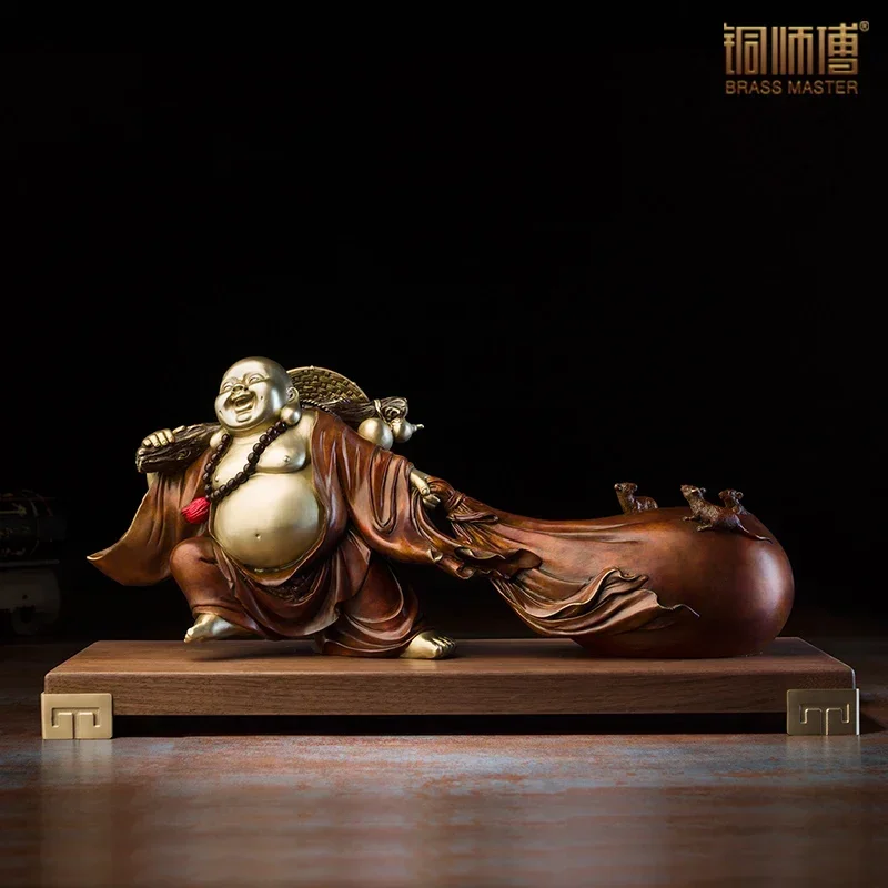Chinese Copper Crafts Happy Maitreya Sculpture God of Wealth Statue Laughing Buddha Fengshui Home Living Room Decoration
