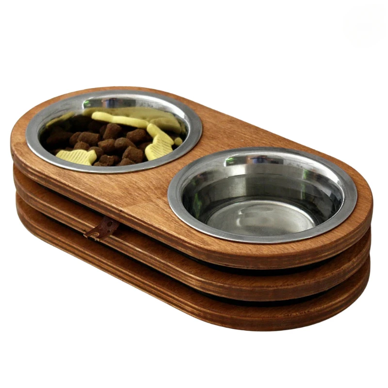 

N Wooden Cat Bowl Unturned Neck Protection Anti-black Chin Kitten Food Water Dog Bowl Stainless Steel Cat Double Bowl