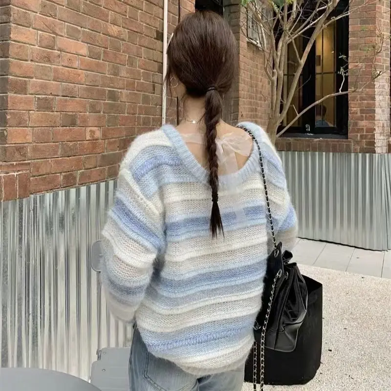 Hollow stripe pullover sweater gradient soft waxy wind sweater loose and thin high-end long-sleeved knitted pullover sweater top