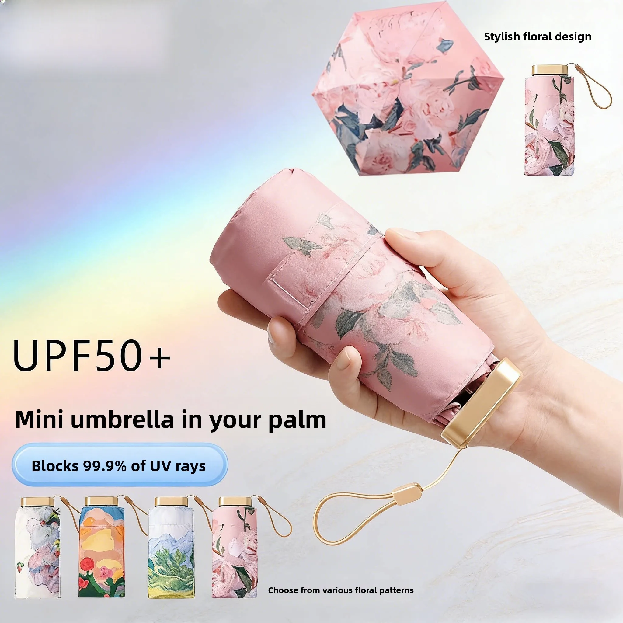 

Portable Umbrella for Women Sunshade UV Protection Rain And Sun Dual Use Compact Size Floral Pattern Iron Pole Home Use