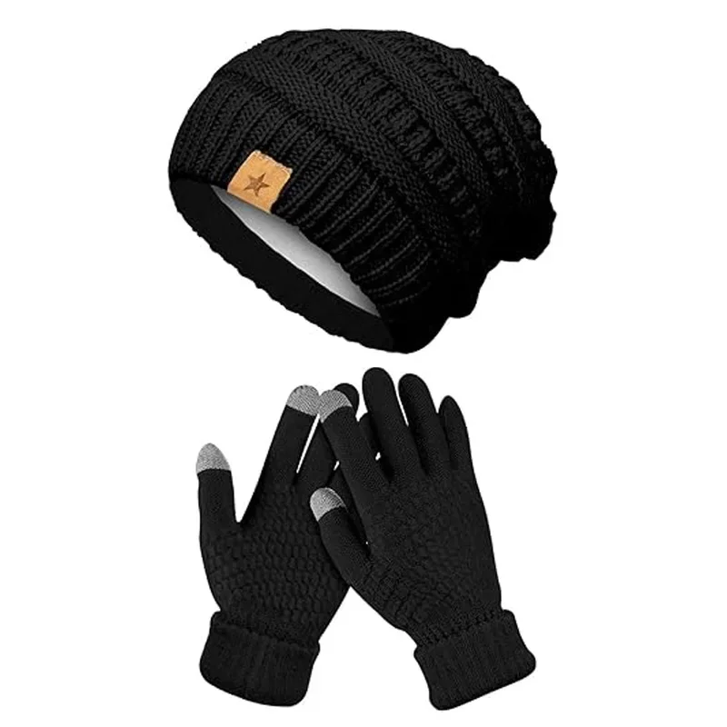 Winter Beanie Hat  Gloves, Warm Fleece Knit Winter Hats Touch Screen Gloves set Winter Gifts for Unisex Adult