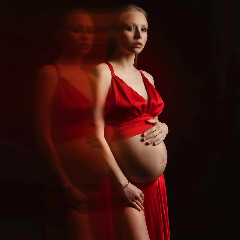 Maternity Dress Photoshoot Red Satin V-neck Pregnant women's skirts - Adjustable Straps Pregnancy Photo Gown Backless skirts