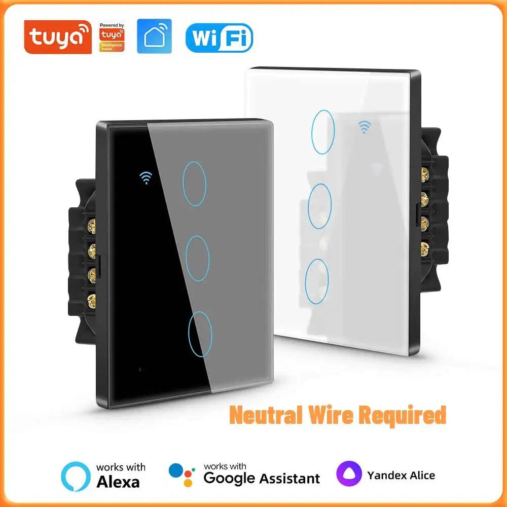 Tuya WiFi Smart Switches 1/2/3/4 Gang Touch Light Switch Wall Switches Neutral Wire Smart Life App Work With Alexa Google Alice