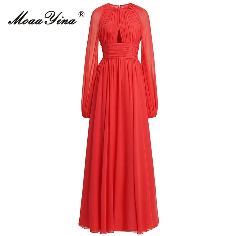 MoaaYina Spring Fashion Designer Red Vintage Party Dress Women's O Neck Long Sleeve Hollow Out Ruched High Waist Slim Long Dress