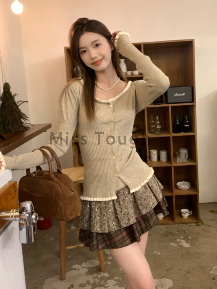 Winter Fashion Vintage Slim 2-piece Set Women France Casual Long Sleeve Solid Knit Cardigan + High Waist Patchwork Skirt Suit