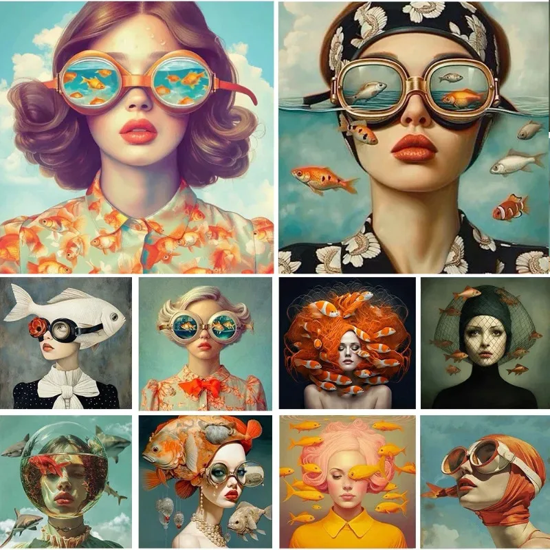 Surrealism Woman Portrait Canvas Painting Wall Art Wonderful Fantasy Fish And Girl Poster Prints For Living Room Home Decor