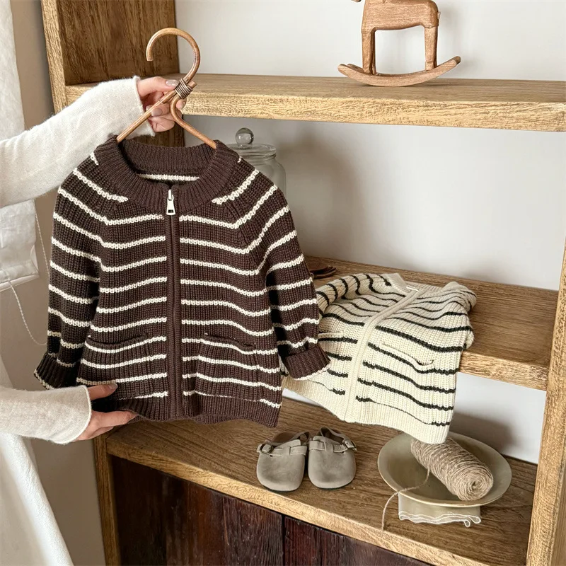 

Children Boys Sweater Autumn Winter Kids Boys Striped Cardigan Loose Casual Contrast Zipper Knitwear For 0-6Y Boys Baby Boy Coat
