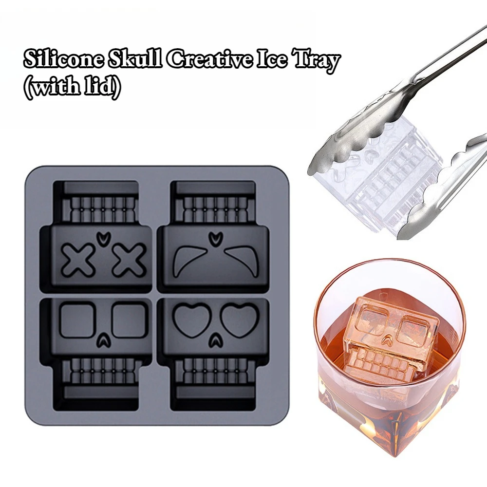 

1-2pcs Ice Molds 4-Grid Skeleton Whiskey Ice Mold with Lid Silicone Mold Easy Release Kitchen Gadgets for Fridge Ice Cube Maker