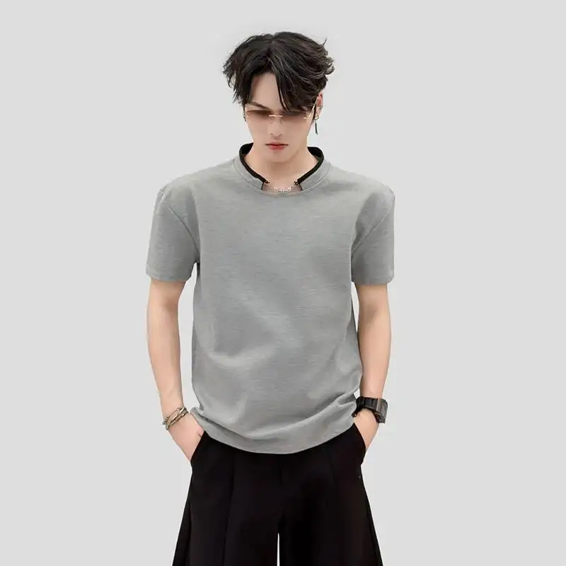 2026 Summer New Pearl Chain Decorated Short-Sleeve Men T-Shirt Simple Round-Neck All-match Male Tops LP0L