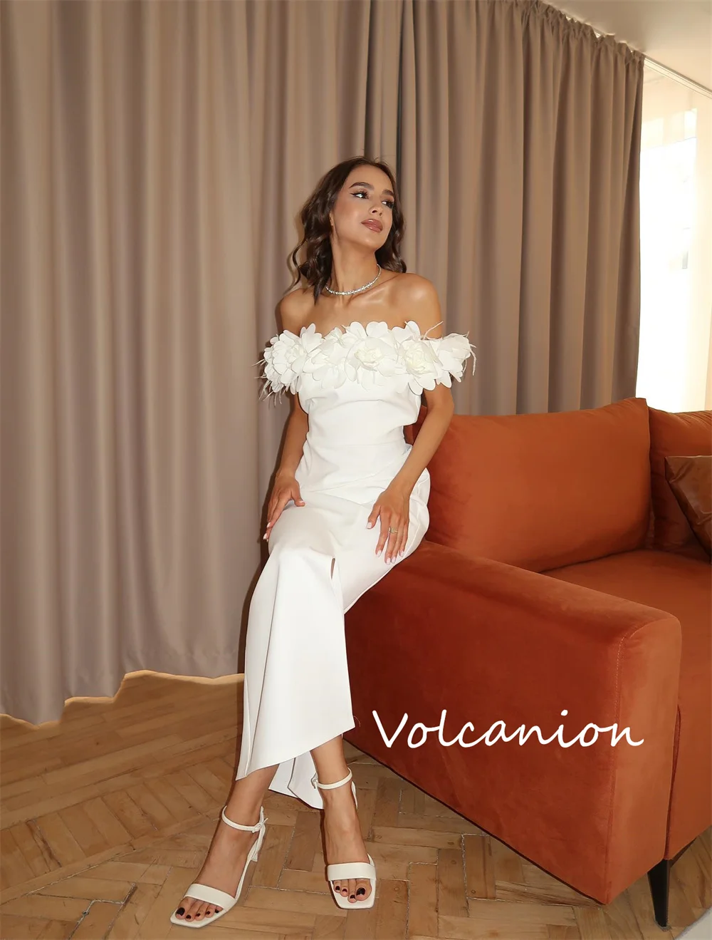 تخصيص أنيقة جيرسي زهرة مستقيم خارج على الكتف فساتين متوسطة الطول مناسبة مخصصة الطراز الحديث الكلاسيكي