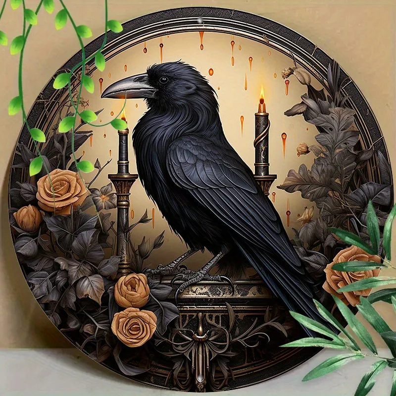 

Round Metal Aluminum Mark Gothic Raven, Dark Romance for Home, Living Room, Coffee Shop, Office, Wall Decoration Art