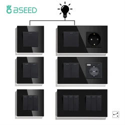 BSEED 1/2/3Gang Mechanical Light Switches 2way For Stairs Corridors with EU Power Sockets USB Type-c Ports Glass Panel Black