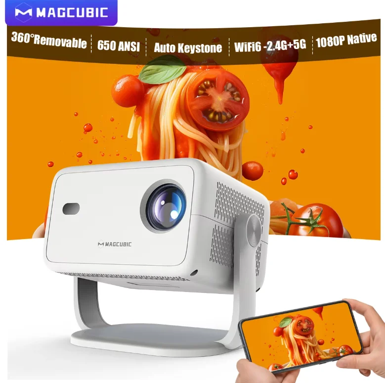 Magcubic L018 8K 안드로이드14 프로젝터 650ANSI 자동 초점 및 키스톤 1080P 360 °   회전식 와이파이6 BT5.4 휴대용 영화 감상 야외 에어마우스