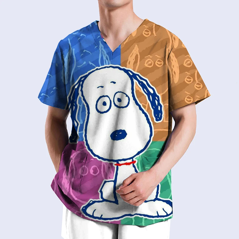 New Hospital Nursing Workwear Surgical Shirt Medical Scrubs Tops for women men Snoopy print V-neck Pockets Uniforms Scrub Blouse