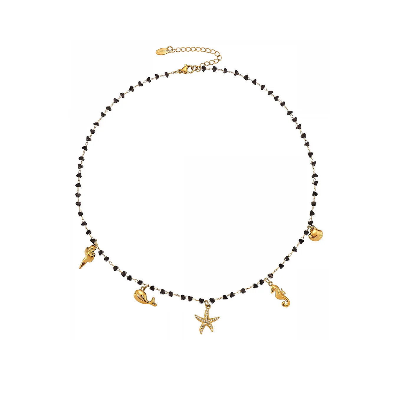 

Joolim Jewelry Wholesale No Fade Natural Black Beaded Chain Starfish Zirconia Multi-pendant Stainless Steel Necklace for Women