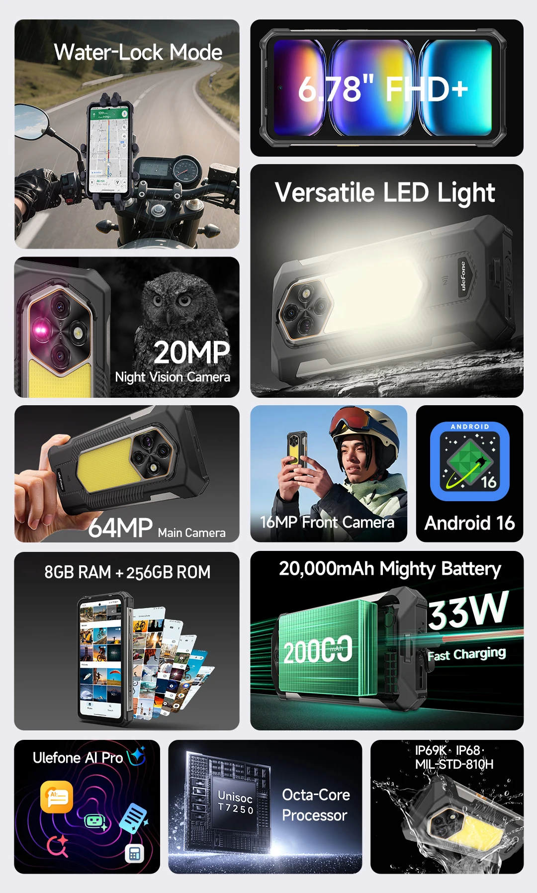 Ulefone RugKing 5 Pro 20000mAh Rugged Phone Android 16 16GB+256GB IP68/IP69K Waterproof Smartphone 6.78 FHD+ Night Camera 4G