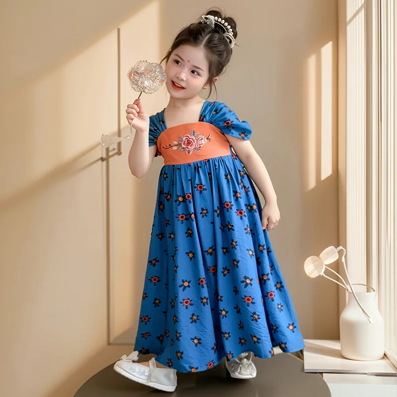 

Children Summer Dress 2025 New Chinese Style Girls Blue Floral Dress Dance Performance Dress Children Clothing