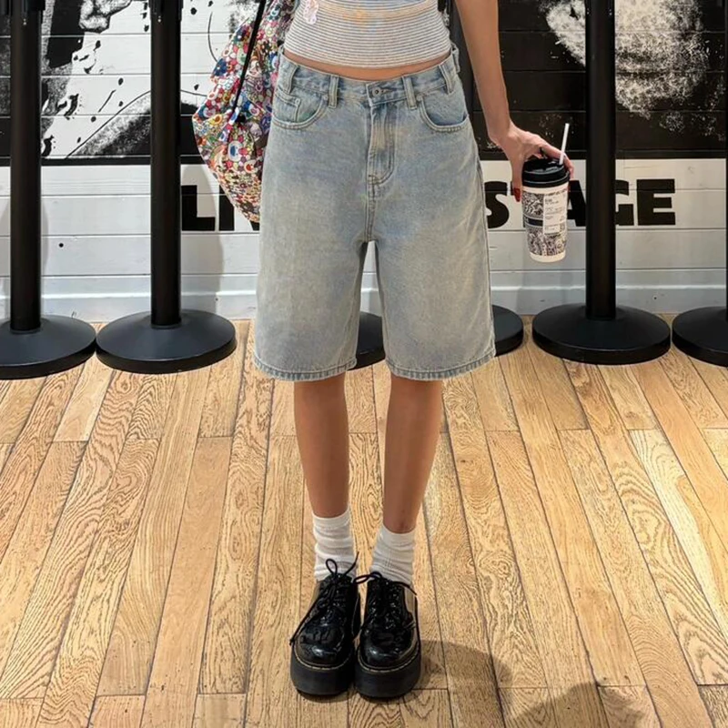 

PBAP винтажные женские джинсовые шорты Jorts, потертые легкие свободные прямые джинсовые шорты с низкой талией, корейская повседневная одежда