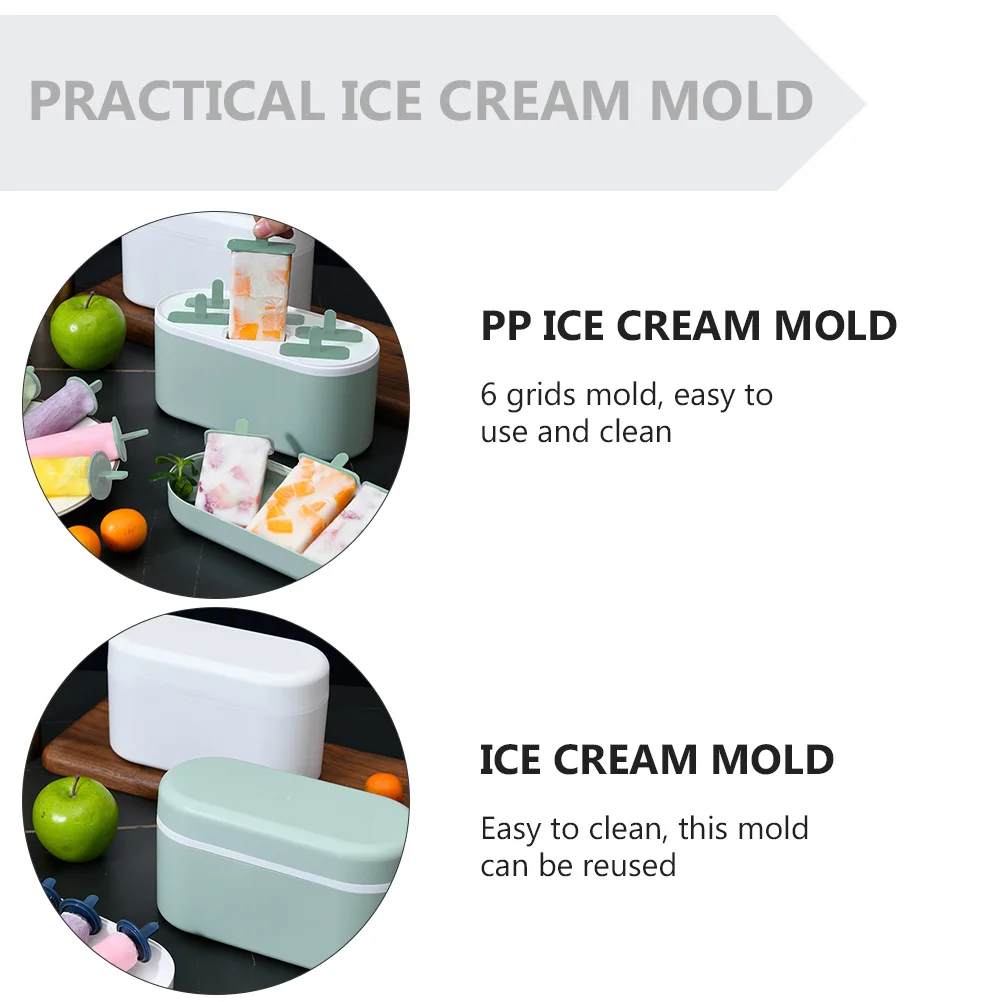 

6pcs Cream Mold Pp Material Easy Clean Reusable Popsicle Maker Diy Treats Light Green 6 Grids Practical Ice Cream