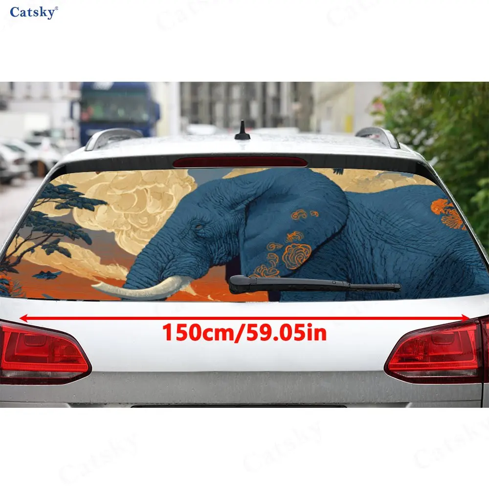 Elephant Sunset Wilderness Journey PVC Perforated Car Vinyl Wraps, Durable Car Rear Windshield Sticker, Waterproof Car Rear Wind