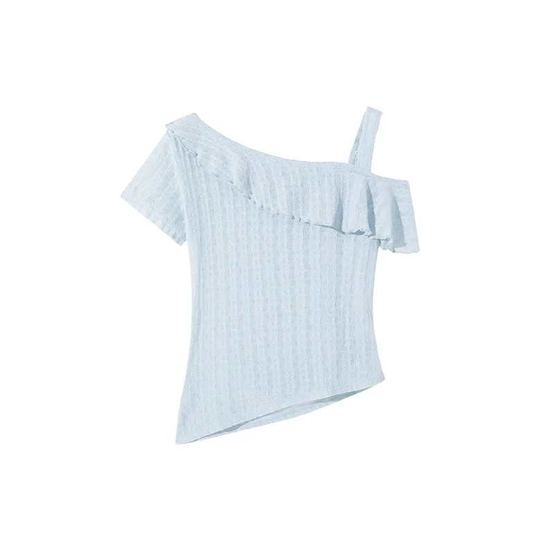 Sexy Spicy Girl Single Strap Asymmetrical Short Sleeve T-Shirt Women's Slim Fit Unique Beautiful Summer Top French Style Poly...