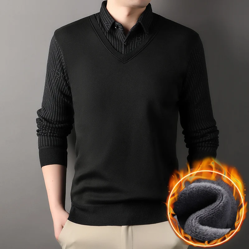 Men's Winter Polo Sweater Plush Pullover Polo Neck Sweaters Fake 2 Piece Fashion Business Causal Clothing Men KnitPullovers