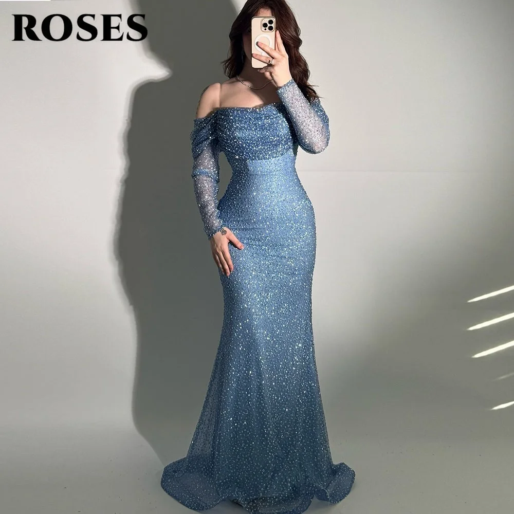 

ROSES Blue Glitter فساتين السهرة Off the Shoulder Sequined Evening Dress Long Sleeves Mermaid Party Gown Customized
