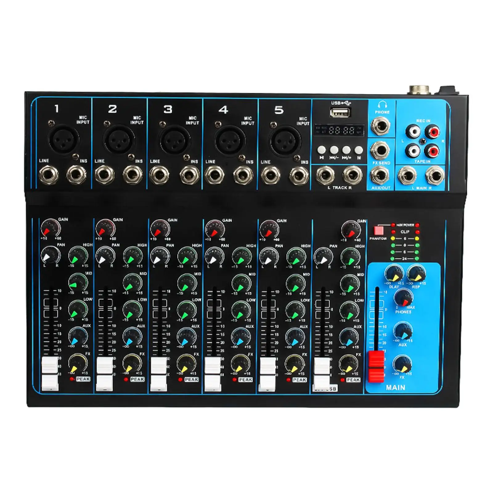 7 Channel Audio Mixer Support USB Playback Compact Sound Mixing Board System Mini for Music Application KTV Stage Party