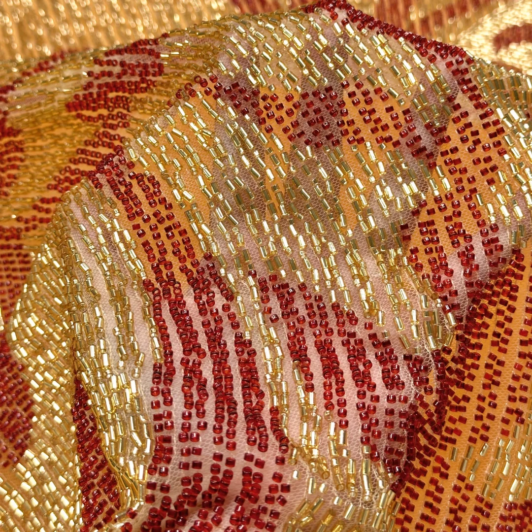 

2.5 Yards Heavy Full Beaded Lace Nigerian Sequins Fabric Fire Design Embroidery Tulle African High Quality for High-end Dress