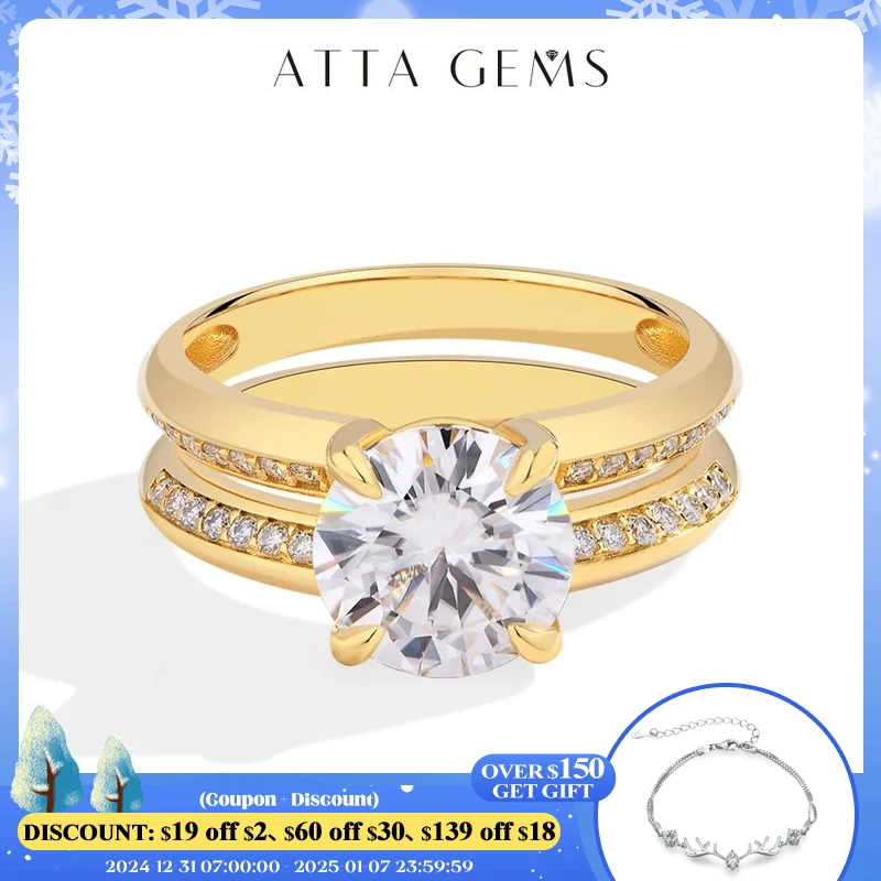 ATTAGEMS Top Quality Moissanite Ring 3CT DVVS1 Round Cut Diamond 925 Silver 18K Gold Plated Engagement Wedding Jewelry for Women