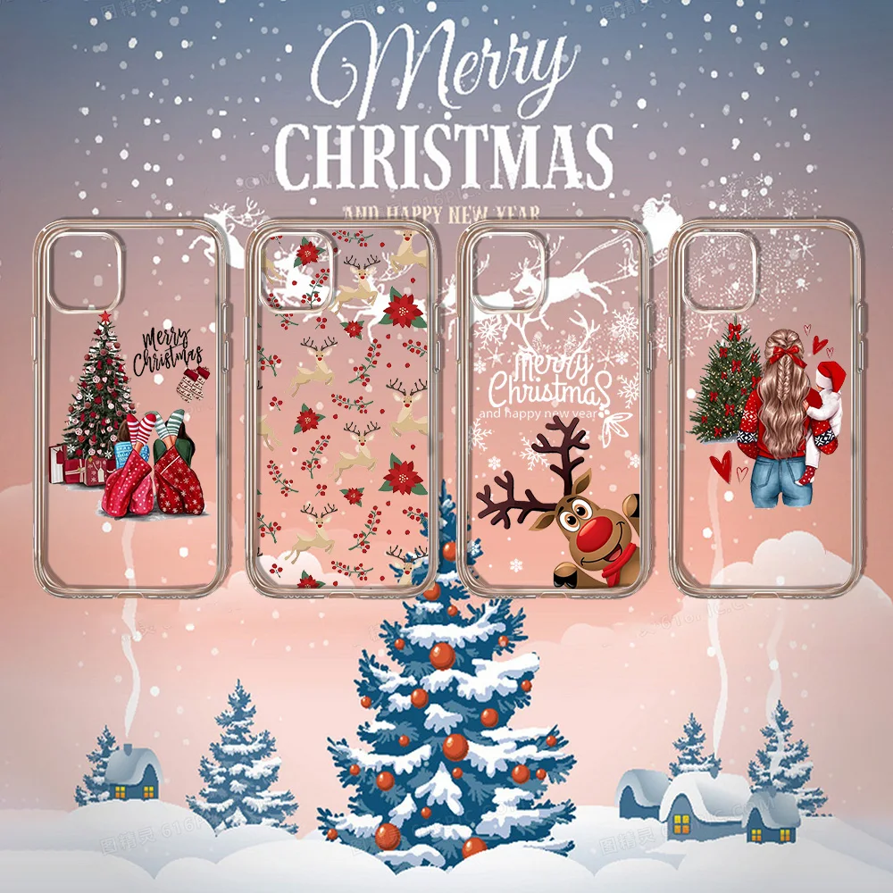 Christmas ELK New Year Gifts girl Cartoon Phone Case Transparent soft For iphone 11 13 12 14 15 pro max mini plus snowflake