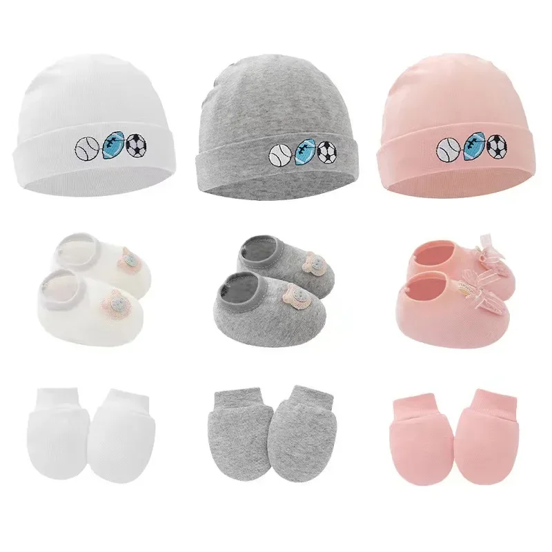 1-3pcs Cute Baby Hat Newborn Beanie Hats Ball Embroidery Bonnet Gloves Socks Set New Born Gift Photography Props Accessories Cap