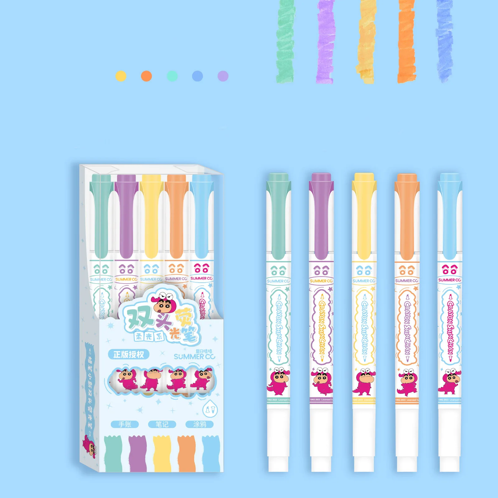 5Pcs Kawaii Crayon Shin-Chan Highlighter Cartoon Anime Double Headed Marking Pen Cute Graffiti Pen Colored Student Gift Kids Toy