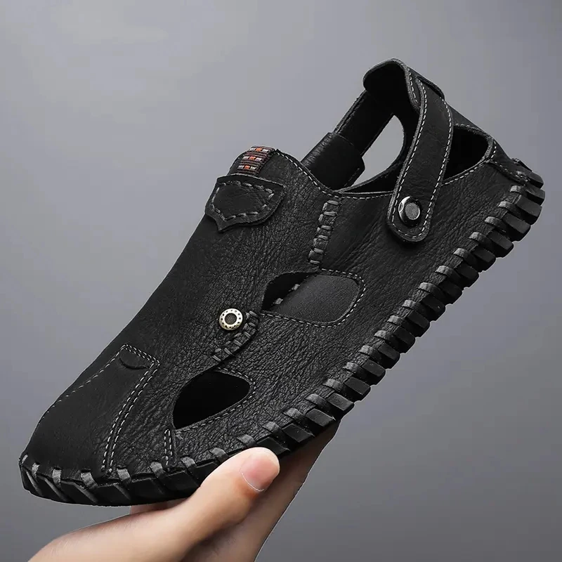 Retro Sewing Men's Sandals Comfortable Solid Color Hollow Slippers Light Weight Large Size Soft Bottom Shoes Sandale Homme image 2