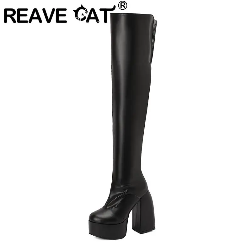 

REAVE CAT 2024 Female Thigh Boots Round Toe Block Heels 14cm Platform Hill 5cm Zipper Plus Size 47 48 Fashion Party Stretch Bota