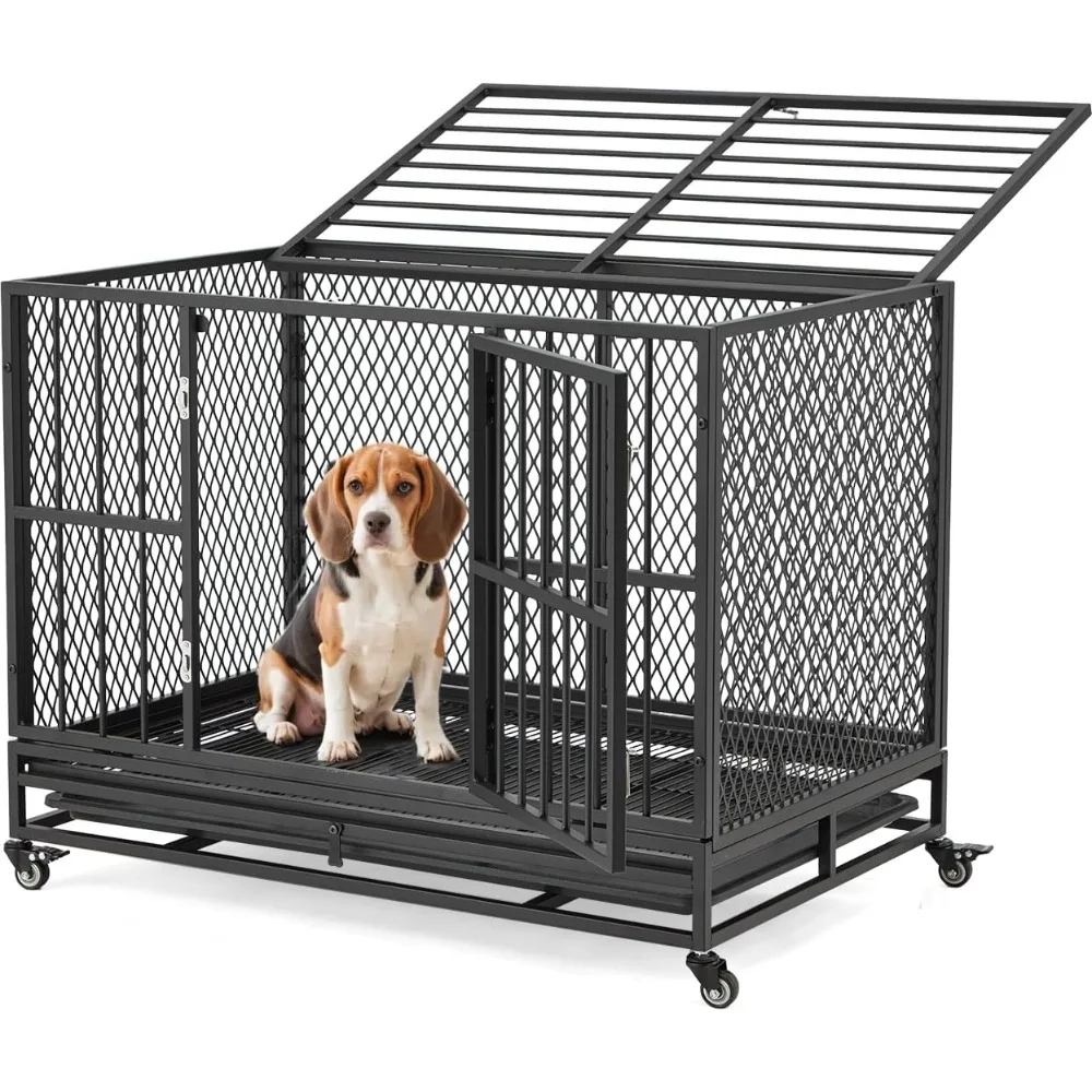 

37 Inch Heavy Duty Dog Crate, Folding Large Dog Kennel for Medium Large Dogs, Metal Dog Cage with Lockable Wheels, Dual Locks,